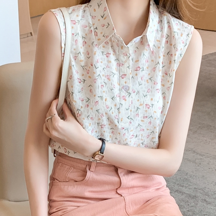 无袖背心印花女装夏装2025年新款小清新碎花甜美雪纺衬衫内搭上衣