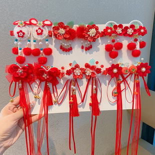 2025红色儿童新年发饰汉服头饰女童拜年服古风流苏发夹蝴蝶结发卡