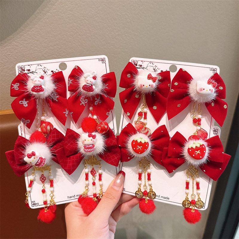 儿童新年红色丝绒发饰宝宝汉服夹流苏中国风女童蝴蝶结国毛绒对夹,童装/婴儿装/亲子装,发饰,淘宝优惠券,粉丝福利购,淘宝优惠卷