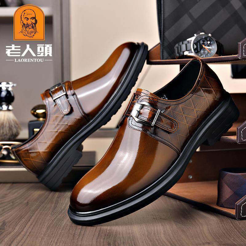 老人头正品男皮鞋商务时尚搭扣高端真皮正装英伦透气新郎婚鞋男款