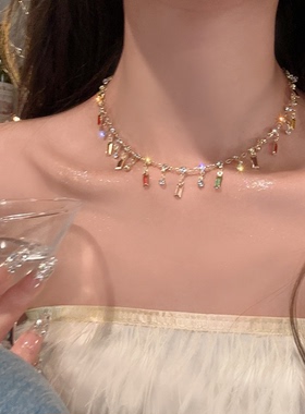 彩色锆石流苏项链女夏轻奢