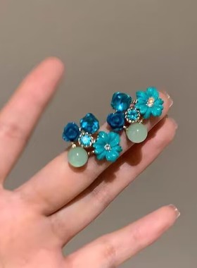 蓝色方糖水晶花朵耳钉女轻奢高级感绝美独特耳环度假风小众耳饰品