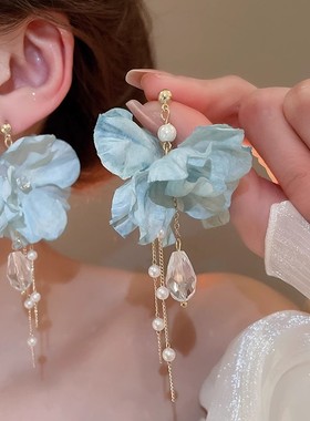 钟楚曦同款旅游度假蓝色花朵流苏耳环耳饰耳钉耳夹耳坠2025春夏新