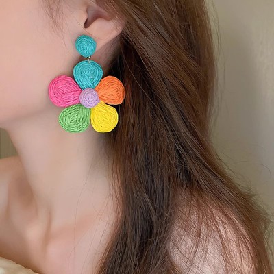 银针彩色编织绳花朵耳环女
