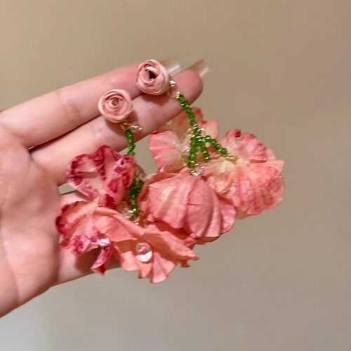 粉色甜美玫瑰花瓣流苏耳环