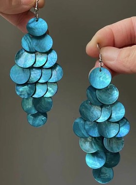 氛围感！蓝色圆片贝壳流苏耳钩耳环女小众设计夸张耳饰海边度假风