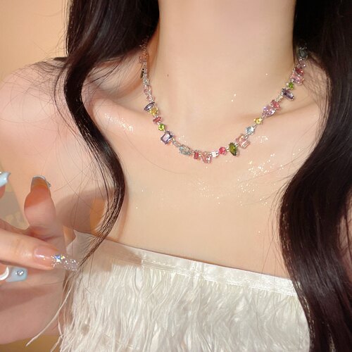 糖果彩色水晶锆石项链女轻奢