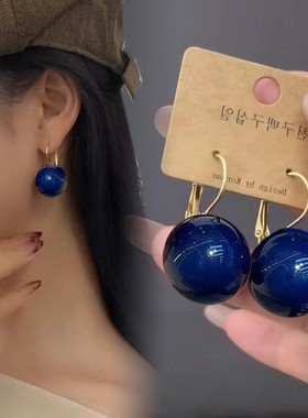 新款耳环深蓝色珠珠爆款复古设计感高级轻奢气质百搭简约耳钉耳饰