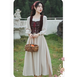 法式 牧羊裙马甲 田园风头巾秋冬连衣裙复古森系少女甜美文艺范女装