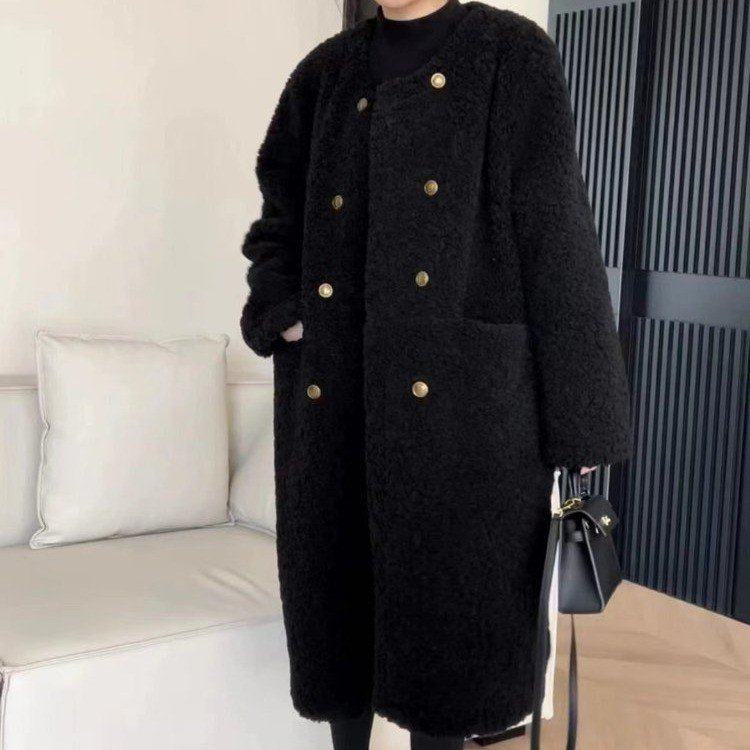 皮毛一体双排扣羊羔毛外套女秋冬慵懒风加厚中长款大衣摇粒绒棉服