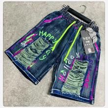 欧货牛仔短裤女2025夏季新款个性蓝色涂鸦彩绘手工磨破洞五分裤潮
