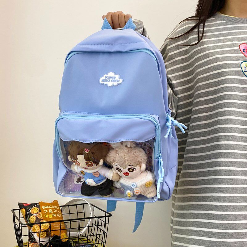 chic简约休闲书包包透明10cm棉花娃娃双肩包可爱软妹高中生痛包女