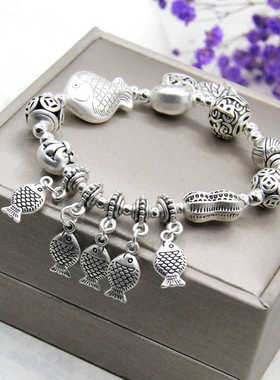 多元素莲花小鱼哑银手串民族风