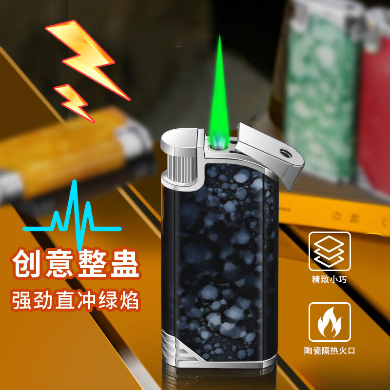 新奇特电流整蛊玩具直冲防风绿焰按压电人打火机恶搞充气打火机男