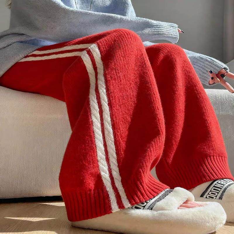 牛X货 巨炸裂！红色条纹绞花针织裤女秋冬慵懒风宽松直筒阔腿裤子,女装/女士精品,大码裤装,淘宝优惠券,粉丝福利购,淘宝优惠卷