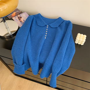 CHAO级推荐 高级感克莱因蓝日系套头毛衣女秋冬慵懒软糯针织衫