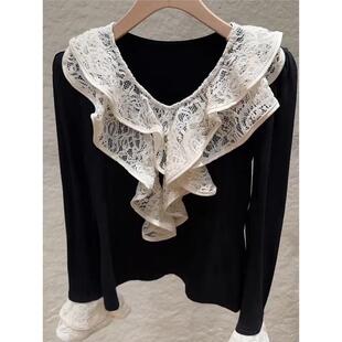 浪漫风蕾丝拼接V领长袖 法式 上衣女荷叶边显瘦T恤 新款 2025年秋季