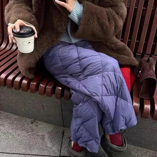 子 女冬外穿保暖小众设计感夹棉裤 chao级推荐 超好看紫色菱格棉裤