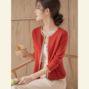 女高端欧货洋气时髦上衣 外贸出口大牌捡漏别致独特红色针织开衫