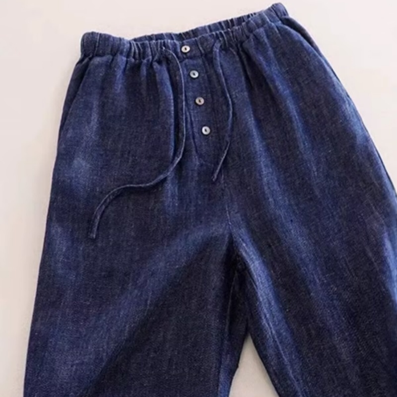 复古深蓝色亚麻牛仔裤长裤女夏季高级感宽松垂感直筒抽绳阔腿裤子