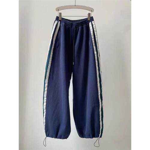 2025春季高端欧货爆款洋气蓝色条纹休闲裤女高腰显瘦宽松阔腿裤子