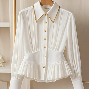 Polo领白色长袖 牛X货 巨炸裂 法式 轻奢气质名媛上衣 压褶别致小衫