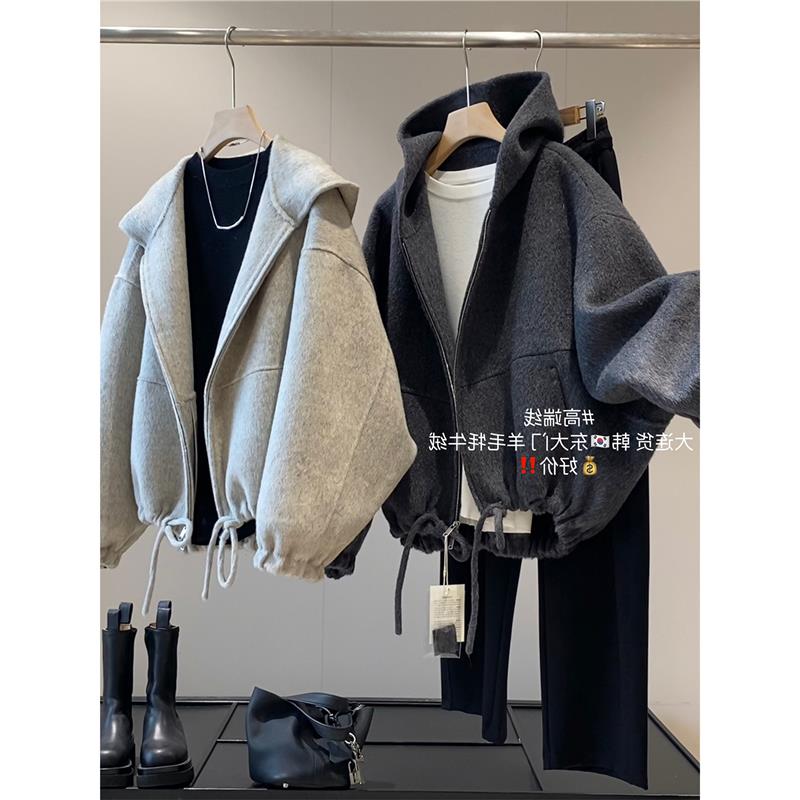 被惊艳到了！韩国东大门订D牦牛绒羊毛混纺连帽短款毛呢大衣外套