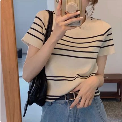CHAO级推荐！冰丝正肩短袖T恤女夏季设计感条纹针织衫上衣薄款