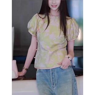 夏季 新中式 女2026新款 衬衫 独特漂亮盘扣t恤 上衣国风印花绿色短袖
