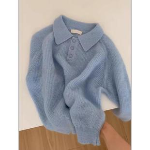 韩系多巴胺甜美软糯羊绒衫宽松慵懒高级感奶蓝色Polo领针织毛衣秋