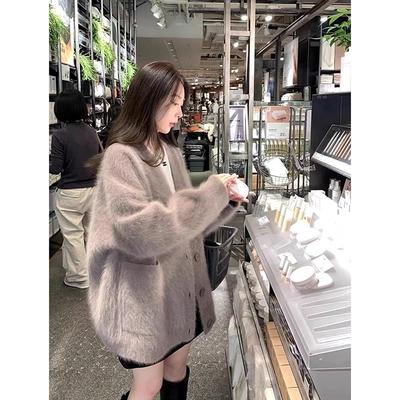 美拉德驼色水貂绒毛衣外套女2025秋冬韩系慵懒中长款针织开衫加厚