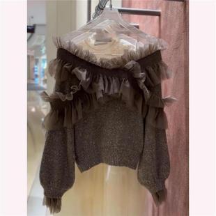 慵懒高级感独特漂亮秋季 网纱拼接一字肩毛衣女装 上衣 商场同款