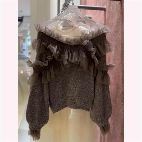 【商场同款】网纱拼接一字肩毛衣女装慵懒高级感独特漂亮秋季上衣