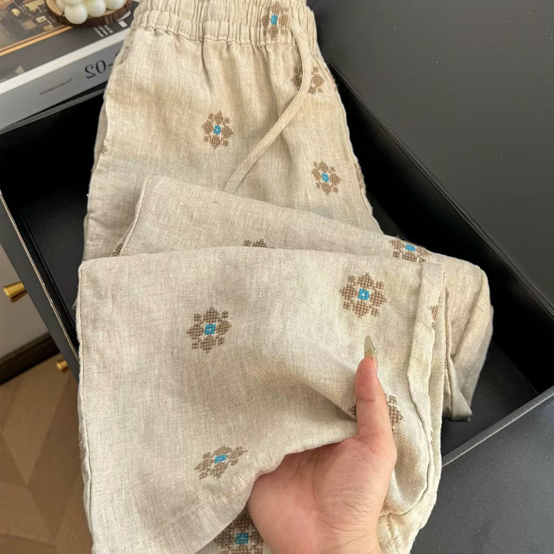 牛X货 巨炸裂！慵懒松弛感亚麻刺绣直筒休闲裤女夏季新款宽松裤子,女装/女士精品,休闲裤,淘宝优惠券,粉丝福利购,淘宝优惠卷