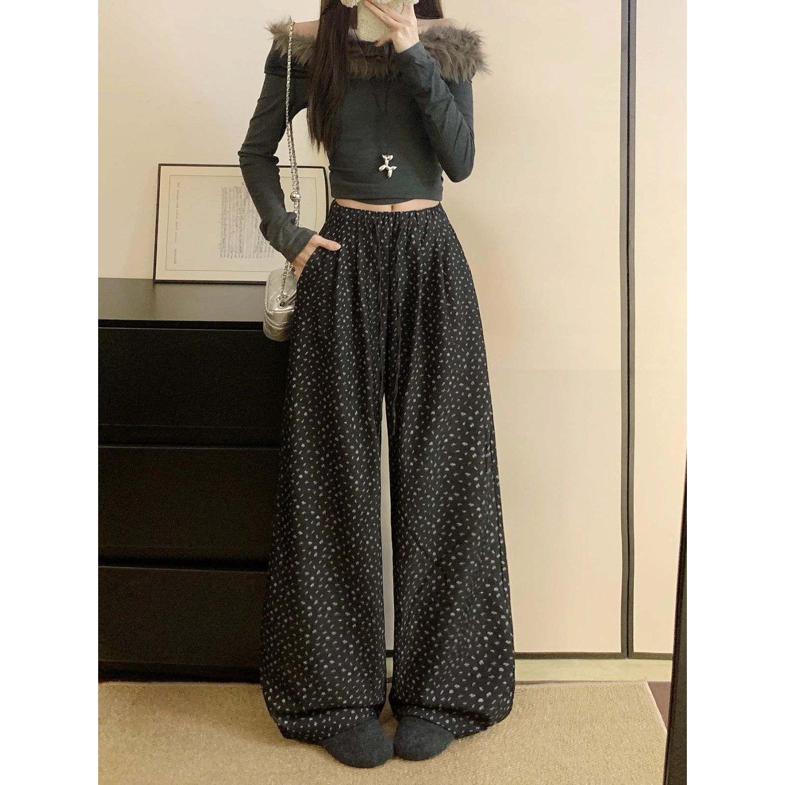 今年流行松紧腰抽绳印小碎花休闲裤女春秋宽松阔腿家居直筒长裤子