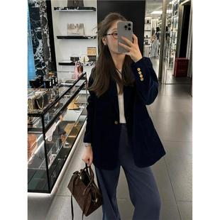 外套女 蓝丝绒高级感竖条肌理纹口袋深蓝色秋冬西装 牛X货 巨炸裂