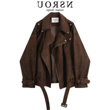 敲好看！太经典，气质复古美拉德麂皮加绒短款咖色皮衣外套女秋冬