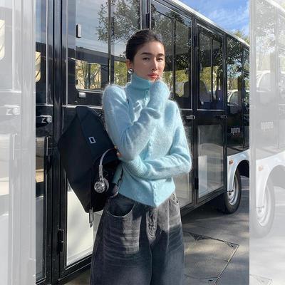 软糯蓝色马海毛高领开衫厚毛衣女秋冬高级感内搭可外穿针织衫上衣