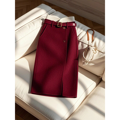安可拉红小个子高腰显瘦直筒裙气质高级感暗红色毛呢半身裙女秋季