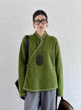 牛X货 巨炸裂！新中式国风橄榄绿毛衣女秋冬斜襟盘扣唐装汉服上衣