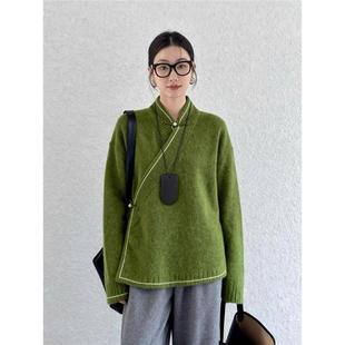 牛X货 新中式 国风橄榄绿毛衣女秋冬斜襟盘扣唐装 汉服上衣 巨炸裂