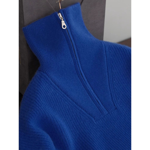 女半开拉链翻领加厚毛衣冬 宝针高领羊绒衫 CHAO级推荐 克莱因蓝元