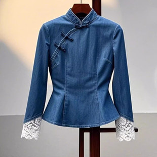 收腰盘扣牛仔衬衫 轻国风禅意别致绝美拼接小立领长袖 新中式 推荐