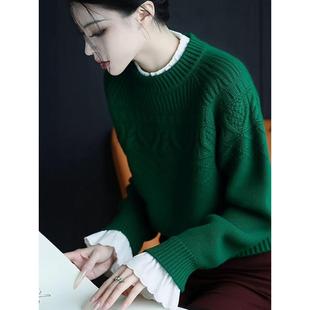 韩系适合秋天的漂亮针织上衣复古文艺风宽松慵懒感绿色花边毛衣女