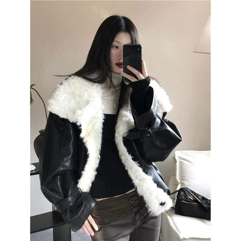黑色皮毛一体羊羔毛毛外套女冬季新款加厚皮衣翻领环保皮草派克服