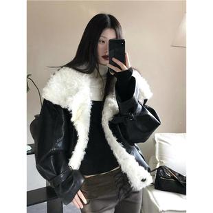 黑色皮毛一体羊羔毛毛外套女冬季 加厚皮衣翻领环保皮草派克服 新款