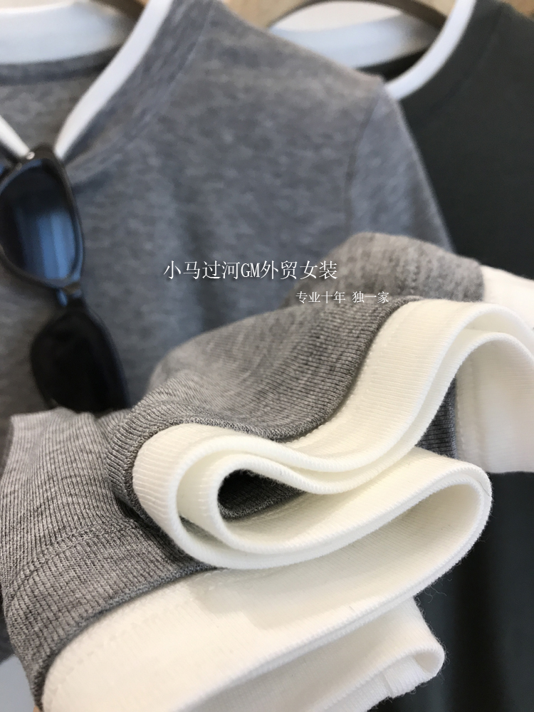 R本客供料！！莱赛尔绵羊毛~气质撞色假两件圆领短袖T恤女薄2024