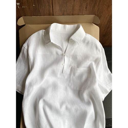 牛X货 巨炸裂！老钱风随性亚麻短袖衬衫女夏季极简polo领棉麻上衣