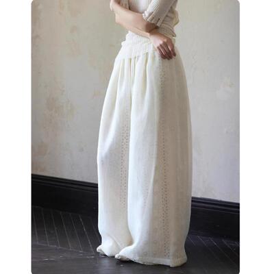 今年流行清透感白色重工镂空刺绣休闲裤女高腰舒适松弛感阔腿裤子