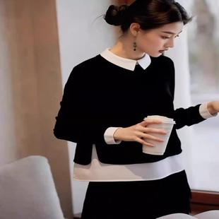 衬衫 牛X货 设计感撞色长袖 黑色假两件翻领衬衣女秋季 上衣 巨炸裂